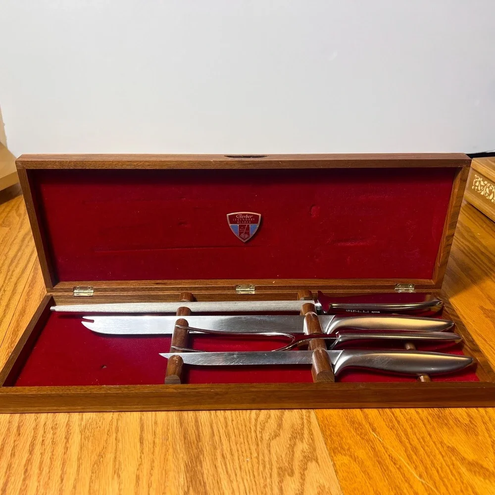 VTG Gerber Legendary Blades Carving Set Walnut Case Ron Knife Gunnir Steel USA